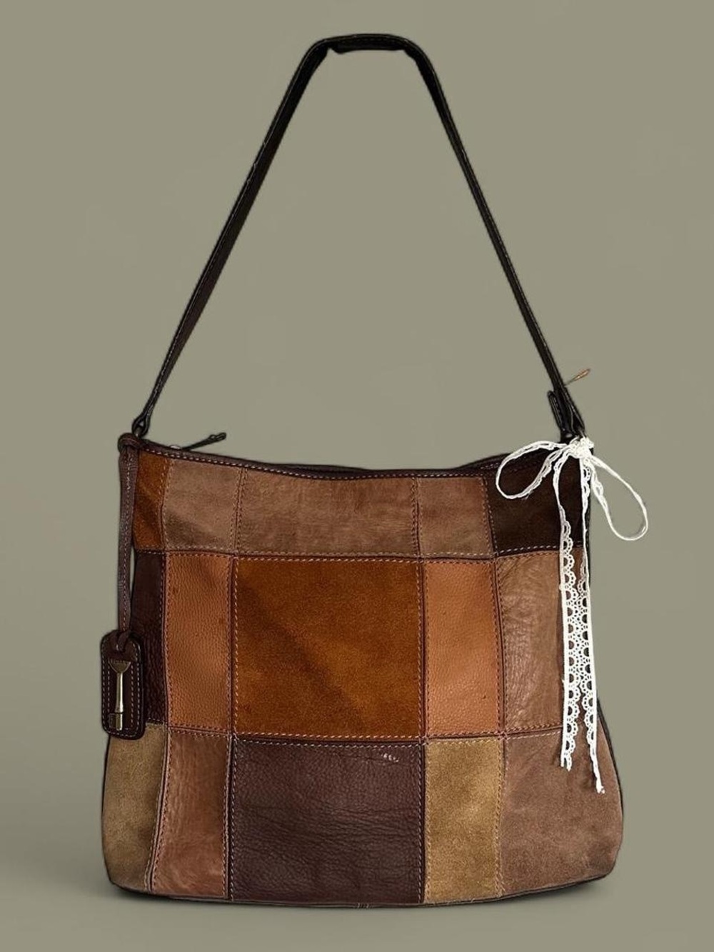 Vintage Fossil Patchwork Leather Suede Shoulder Bag